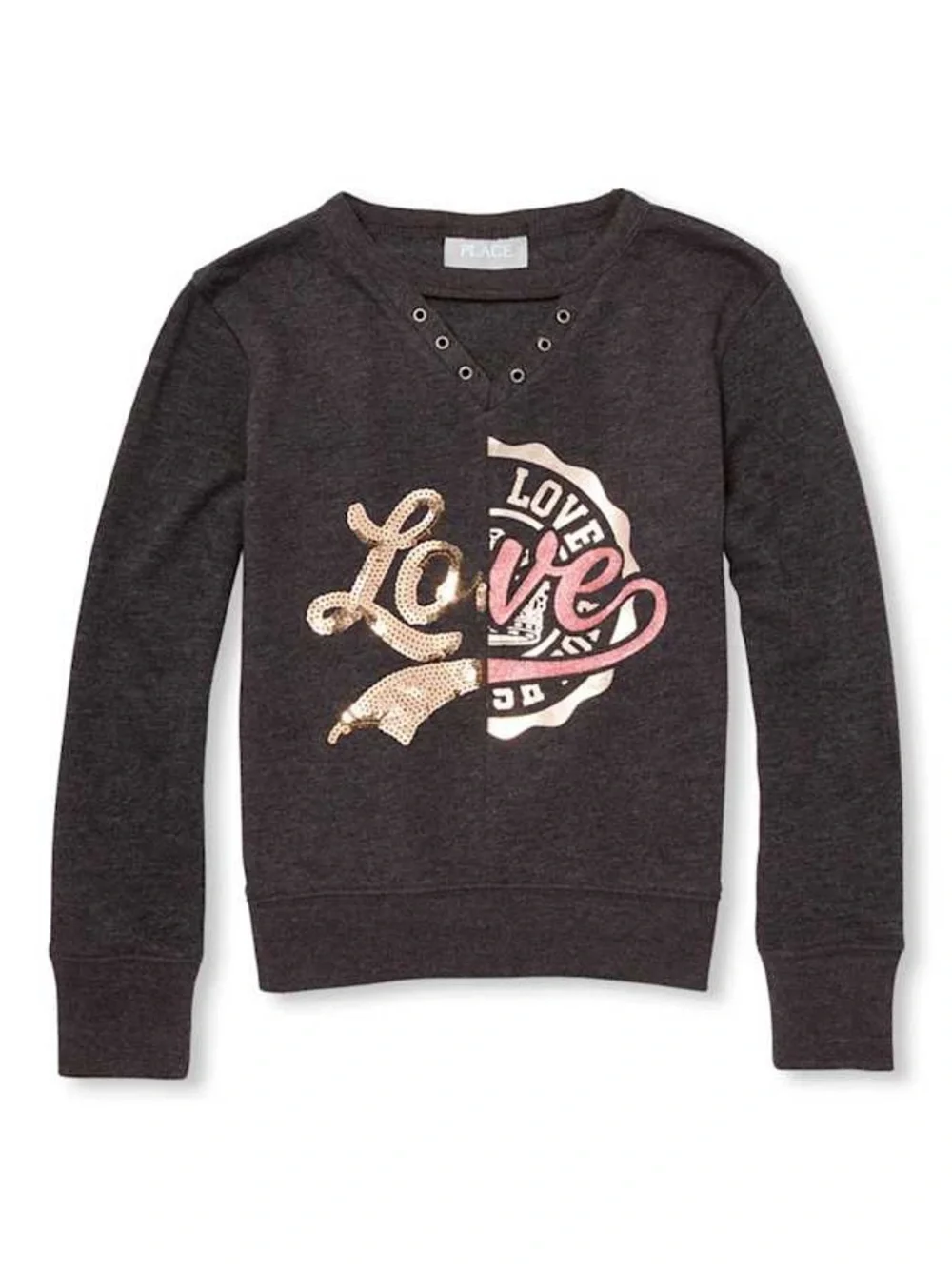 Girls Split Graphic Pullover - Gray
